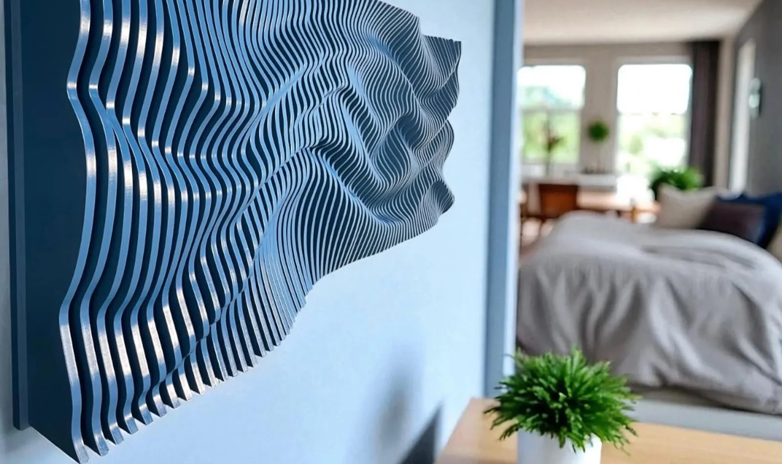 Layered blue CNC wall artwork